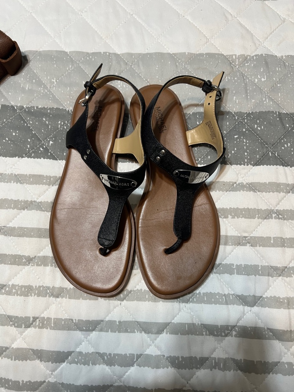 MICHAEL Michael Kors Black and Brown T-Strap Leather Sandals